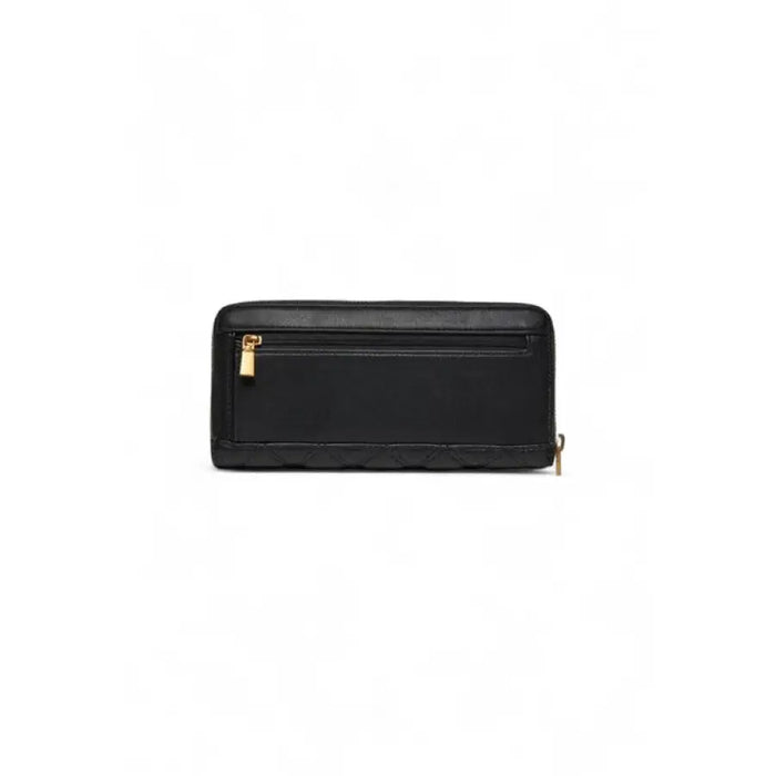 Black leather wallet with gold-tone zipper detailing by Guess Women Wallet