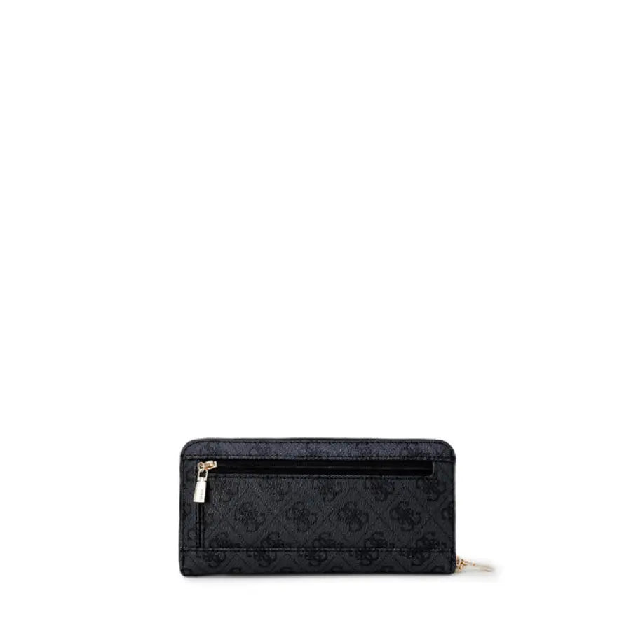Black leather Guess wallet with monogram pattern and zipper detail for women