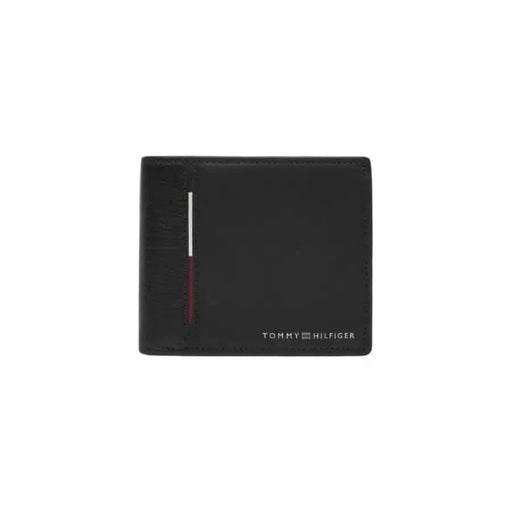 Black leather wallet with thin stripe and Tommy Hilfiger branding for men