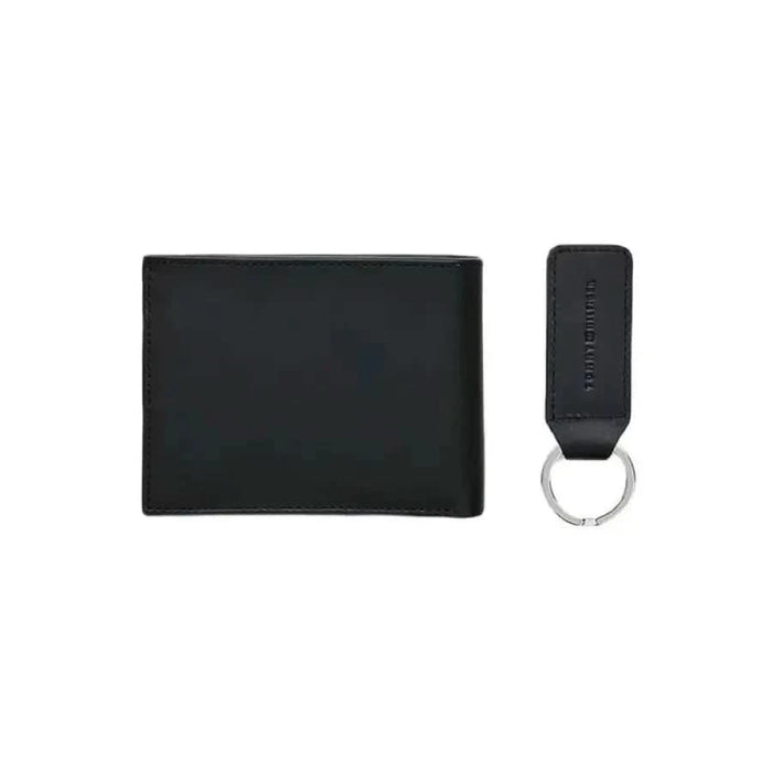 Black leather Tommy Hilfiger Men wallet with matching keychain for stylish convenience