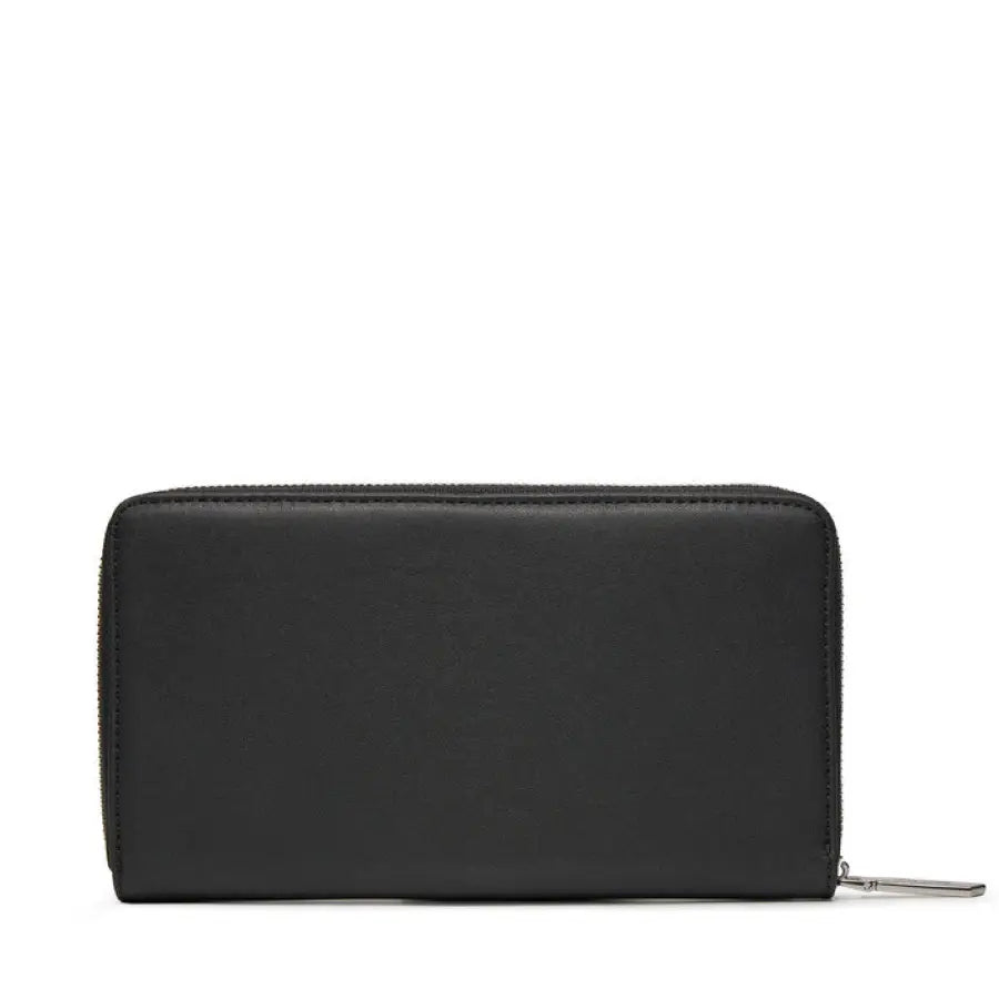 Calvin Klein black leather zip-around wallet with a sleek, minimalist design for women