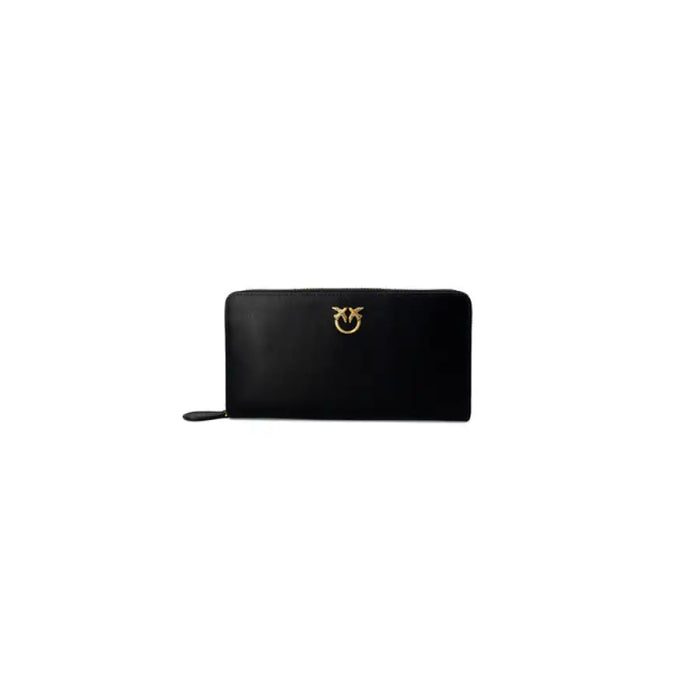 Black leather zip-around wallet featuring a gold logo emblem from Pinko Women Wallet