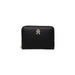 Black leather zip-around wallet with gold monogram logo by Tommy Hilfiger for women