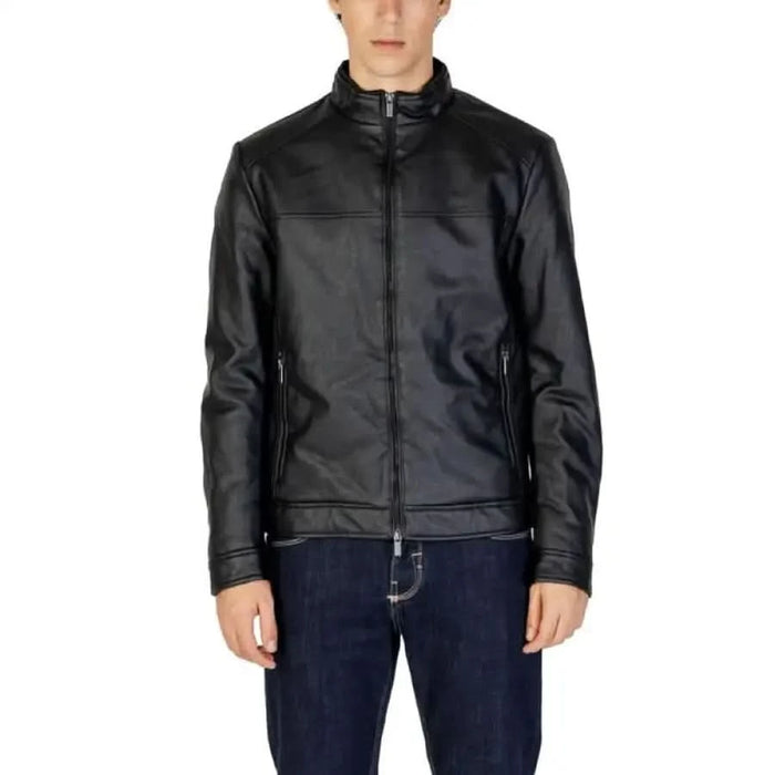 Black leather zip-up jacket with stand collar from Hamaki-ho Men Jacket collection