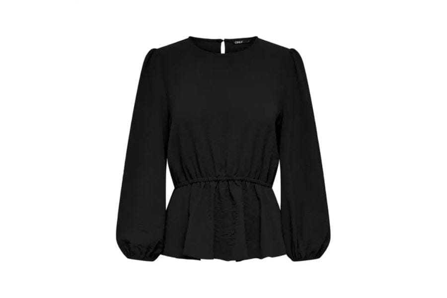 Black long-sleeved blouse with peplum hem for stylish summer work outfits.