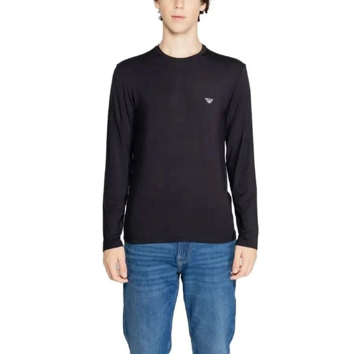 Black long-sleeved crew neck shirt with logo for Emporio Armani Underwear men