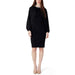 Black long-sleeved Rinascimento dress with embellished neckline and knee-length hem