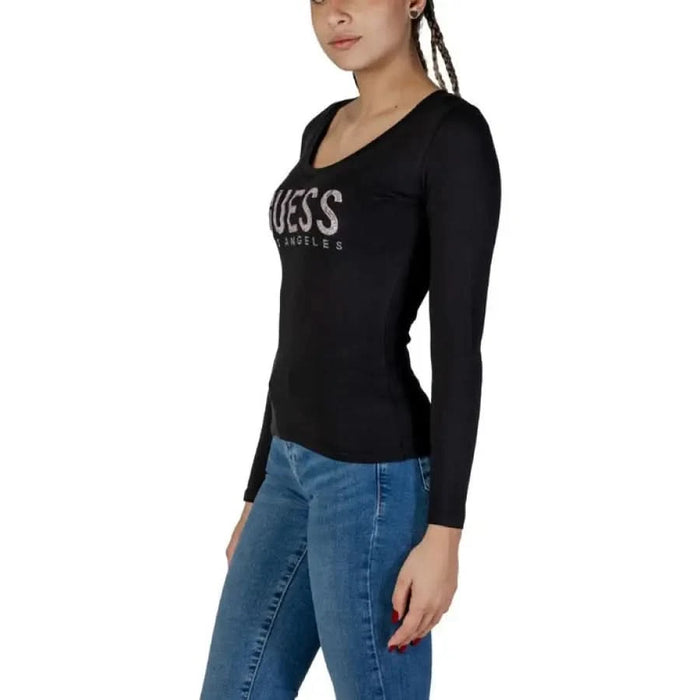 Black long-sleeved GUESS logo t-shirt with scoop neckline for women