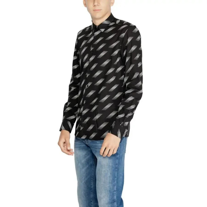 Antony Morato Men Shirt: Black long-sleeved with gray pattern, paired with blue jeans