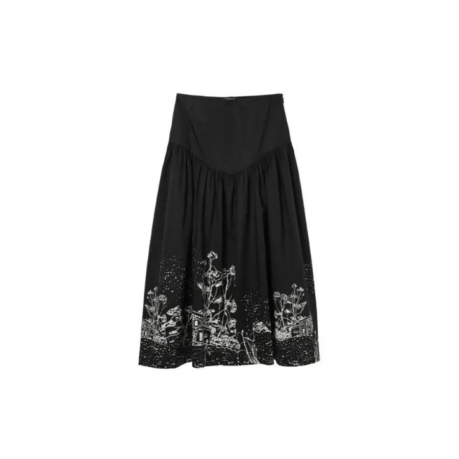 Desigual Women Black Maxi Skirt with Floral Embroidery along Bottom Hem