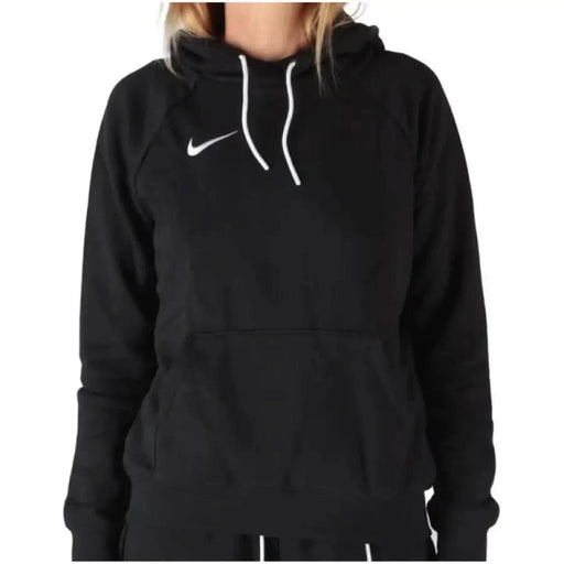 Black Nike hoodie for women featuring a white swoosh logo and drawstrings