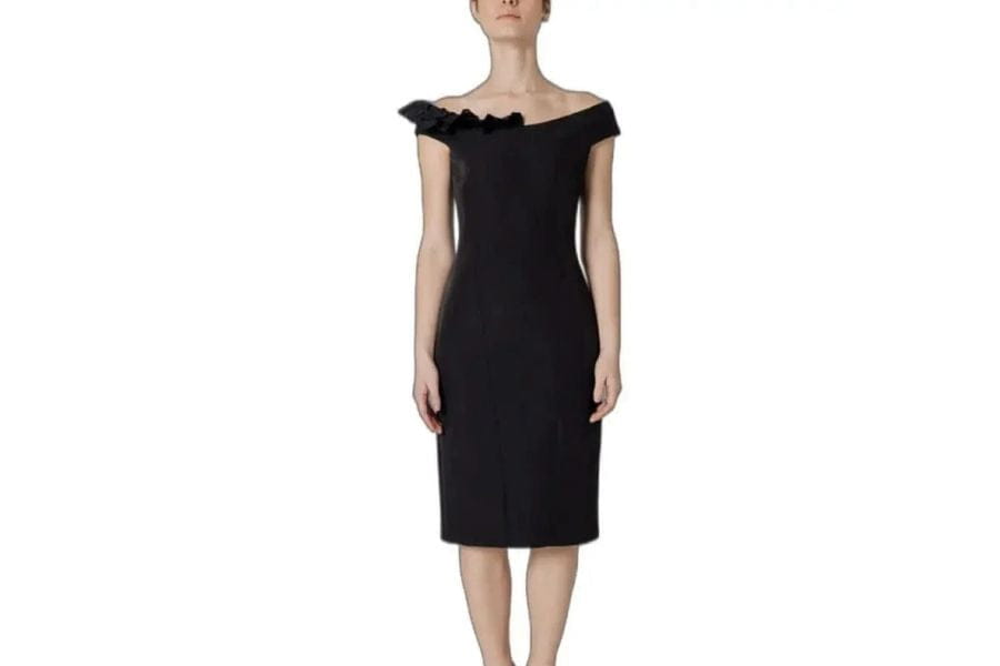 Elegant black off-shoulder cocktail dress showcasing a fitted silhouette for first dates.