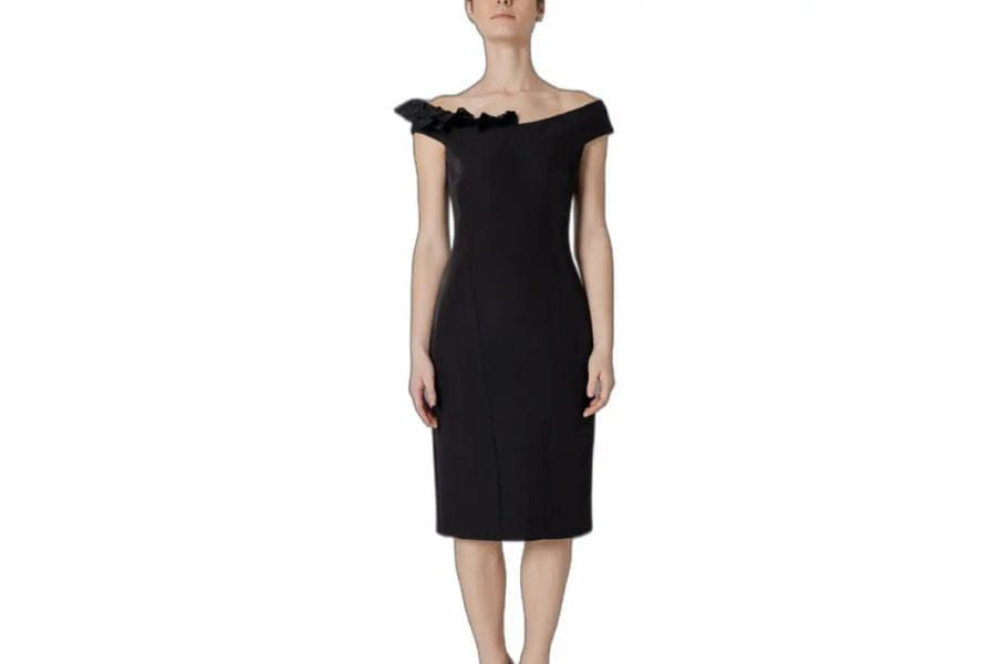 Black off-shoulder cocktail dress showcasing a fitted silhouette for holiday apparel.