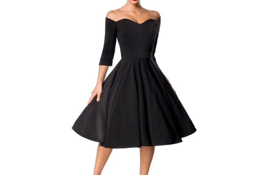 Black off-shoulder cocktail dress with full skirt, perfect outfit for holiday outings.