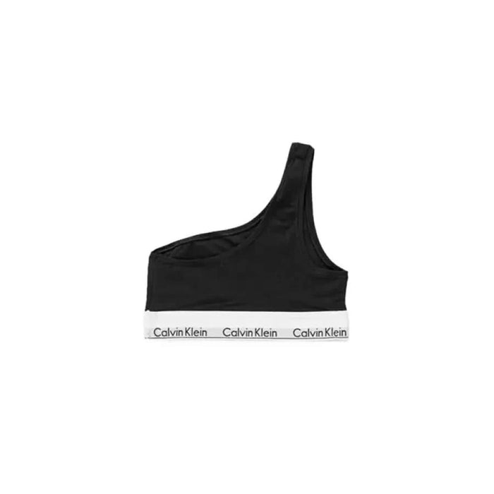 Black one-shoulder Calvin Klein sports bra with logo on elastic band