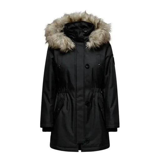 Black Parka with Fur Collar and Hood - Only Women Jacket, Urban Style Clothing