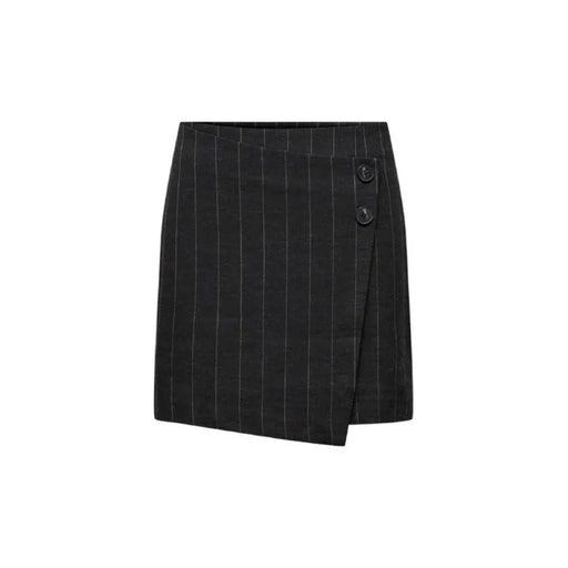 Black pinstriped wrap skirt by Only showcasing two stylish buttons on the side