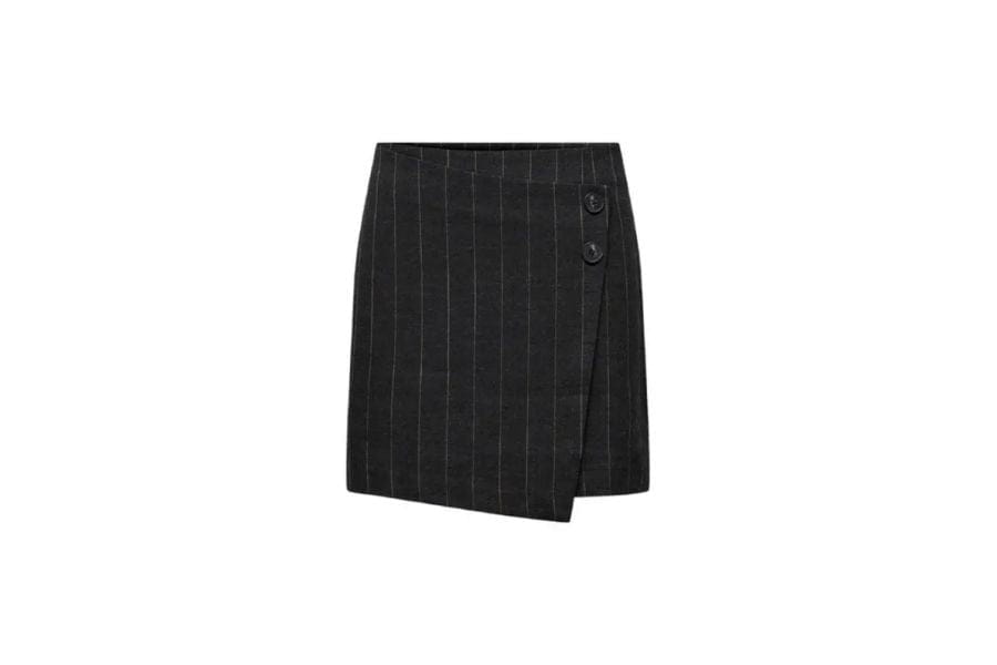 Black pinstriped wrap-style mini skirt with asymmetrical hem for retro fashion.