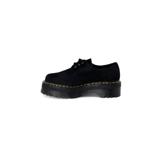 Black platform shoe with chunky sole and yellow stitching - Dr. Martens Women Lace Ups Shoes