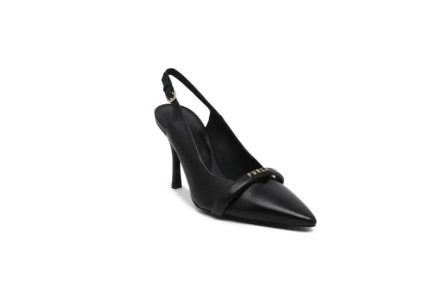 Black pointed-toe slingback high heel shoe, ideal for summer work outfits and stylish apparel.