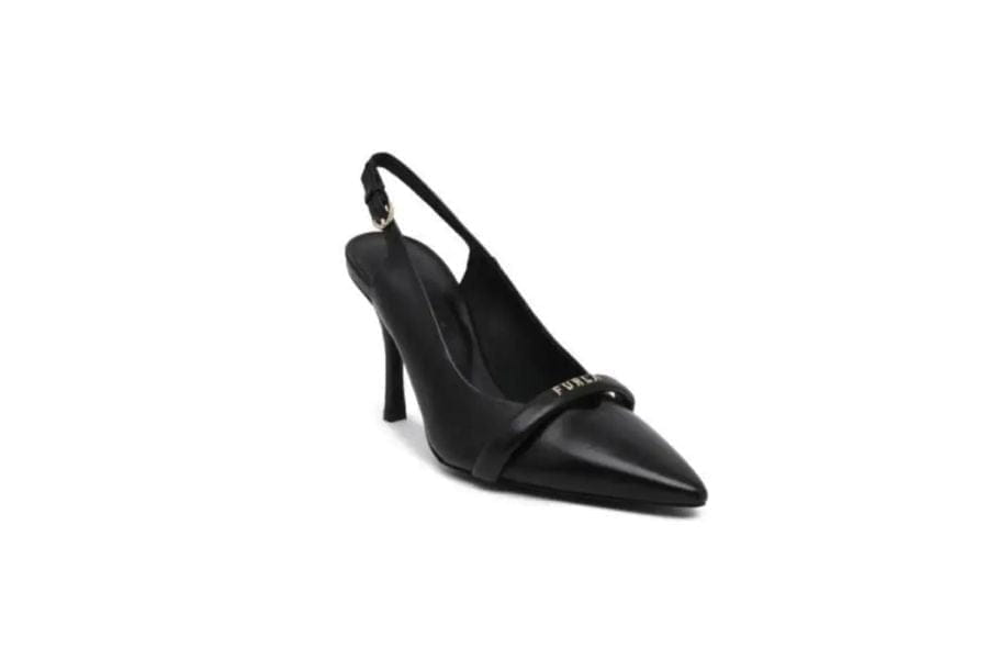 Black pointed-toe slingback high heel shoe for stylish summer work outfits.