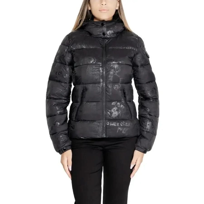 Black puffer jacket with floral pattern by Desigual for women, stylish winter outerwear