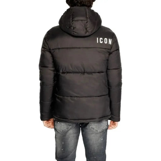 Black puffer jacket featuring ICON text on the back from Icon Men Jacket collection