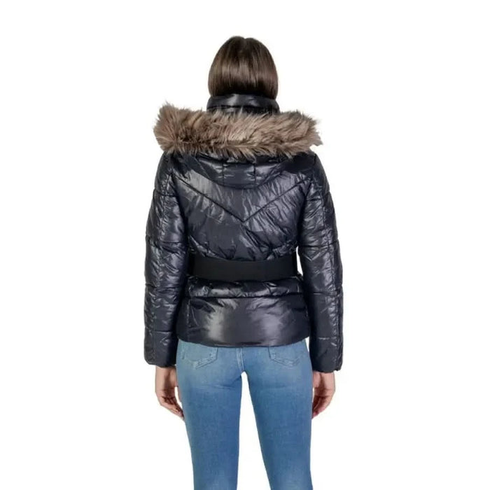 Black puffer jacket with faux fur hood and belted waist from Only Women Jacket