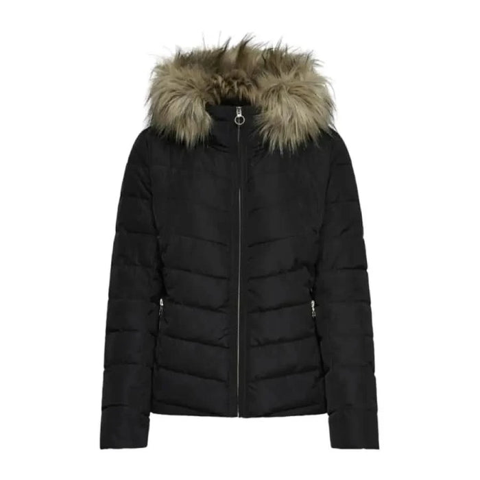 Black puffer jacket with faux fur-trimmed hood from Only Women Jacket collection