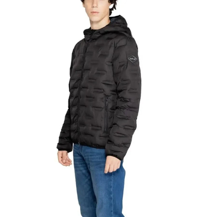 Black puffer jacket with hood on a person in blue jeans from Replay Men Jacket