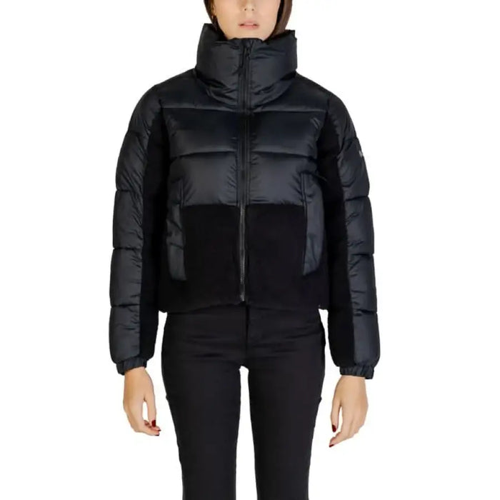 Black puffy cropped winter jacket with high collar and zip front from Columbia Women Jacket