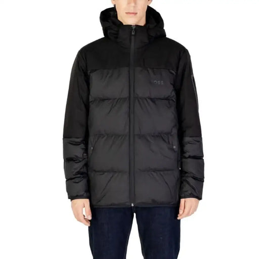 Black puffy winter jacket with hood and full-length zipper from Boss Men Jacket