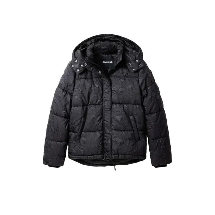 Black puffy winter jacket with hood and zipper from Desigual Womens Jacket collection