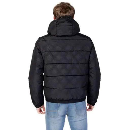 Black puffy winter jacket with hood from the back, Ea7 Men Jacket design