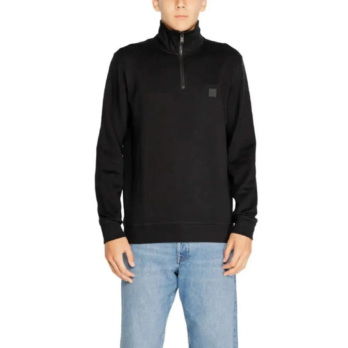 Black quarter-zip pullover sweater with logo patch from Boss Men Sweatshirts collection