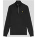 Black quarter-zip sweater featuring a yellow logo on the chest by Lyle & Scott