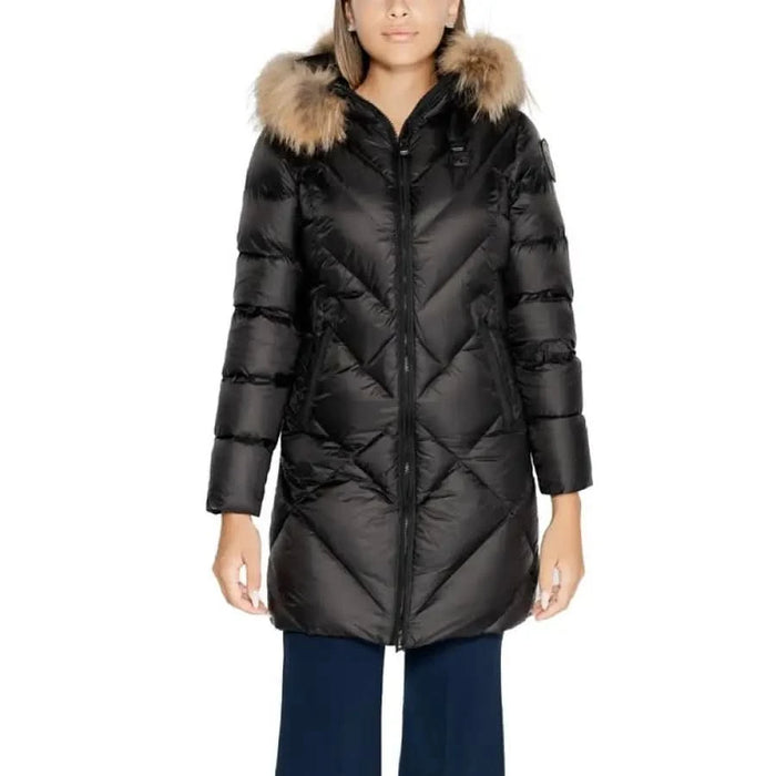 Black quilted down coat with fur-trimmed hood from Blauer Women Jacket collection