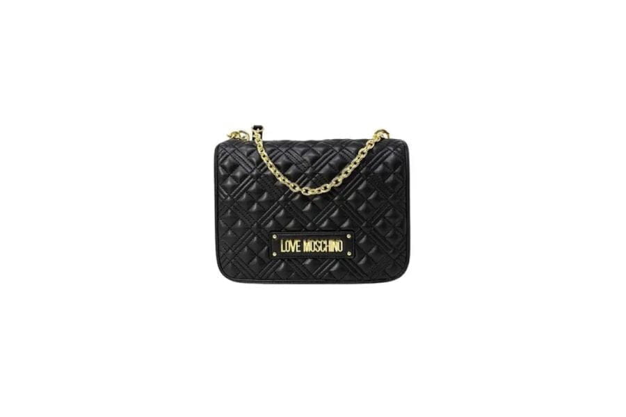 Black quilted Love Moschino handbag with gold chain strap for stylish summer outfits.