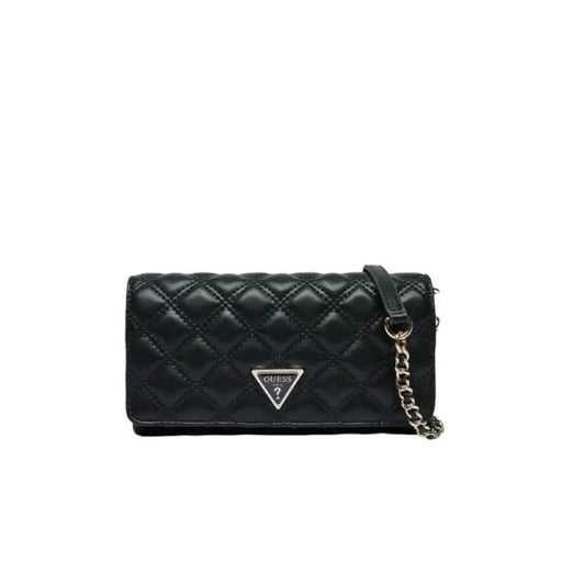 Black quilted leather clutch purse with chain strap and triangular logo from Guess