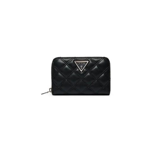 Black quilted leather Guess Women Wallet with triangular logo and zipper closure