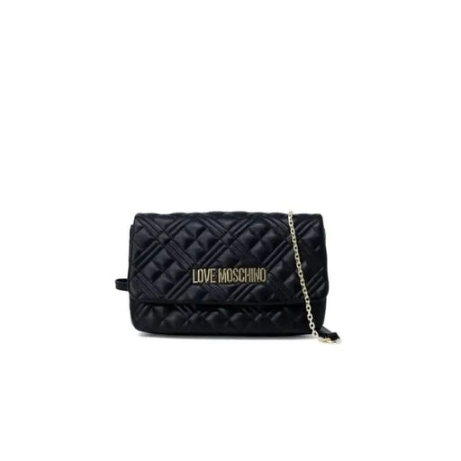 Black quilted leather handbag with gold Love Moschino lettering and chain strap