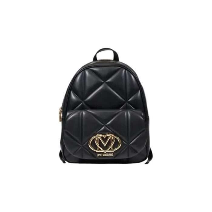 Black quilted leather backpack featuring gold Love Moschino logo emblem for women