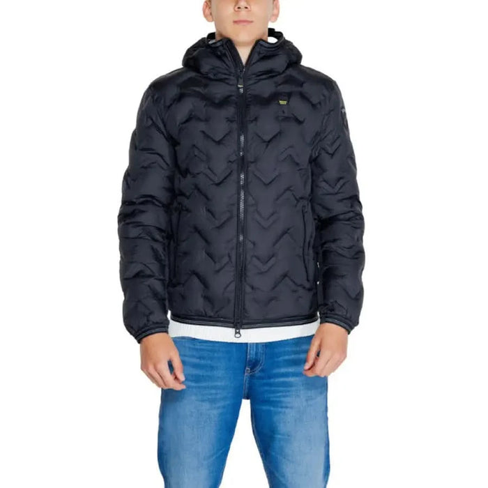 Black quilted puffer jacket with hood and zipper closure by Blauer for men