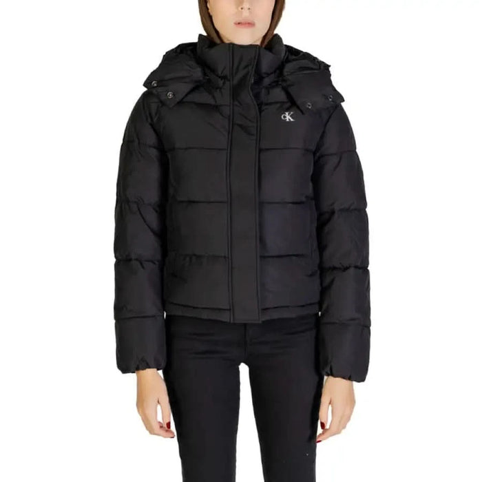 Black quilted puffer jacket with hood and zipper from Calvin Klein Jeans Women collection