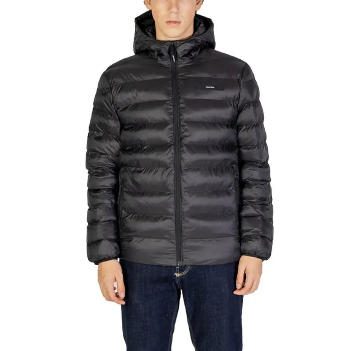 Black quilted puffer jacket with hood and zipper from Calvin Klein Men Jacket collection