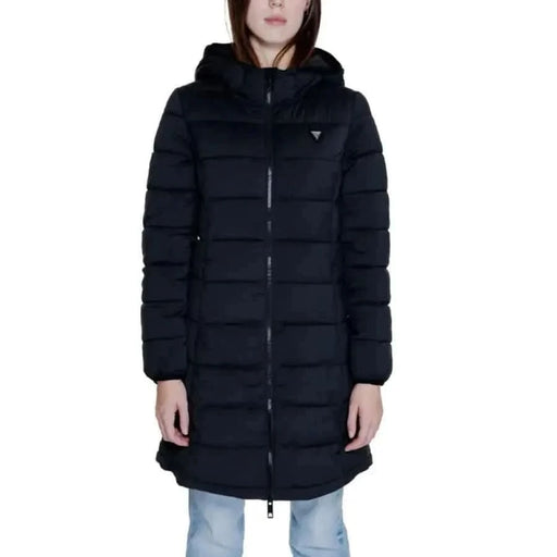 Guess women’s black quilted puffer coat with hood and full-length zipper