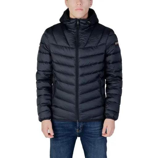 Black quilted puffer jacket with hood and zipper from Napapijri Men Jacket collection