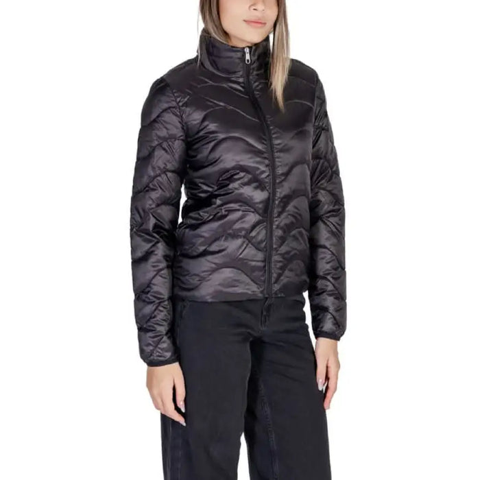 Black quilted puffer jacket with high collar and zipper from Only Women