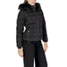 Black quilted puffer jacket with faux fur hood and asymmetrical zipper by Only