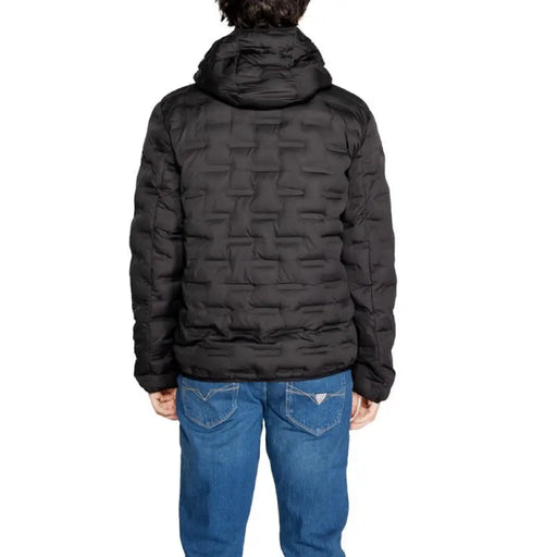 Black quilted puffer jacket with hood displayed from the back by Replay Men Jacket